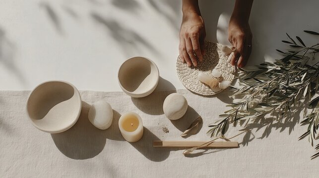 Hands arranging minimalist natural decor with candle and olive branch on linen