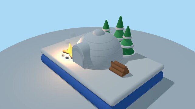 Soft 3D winter diorama featuring an igloo with a recessed wooden door in an arched doorway, sitting on a continuous snow-covered ice base.