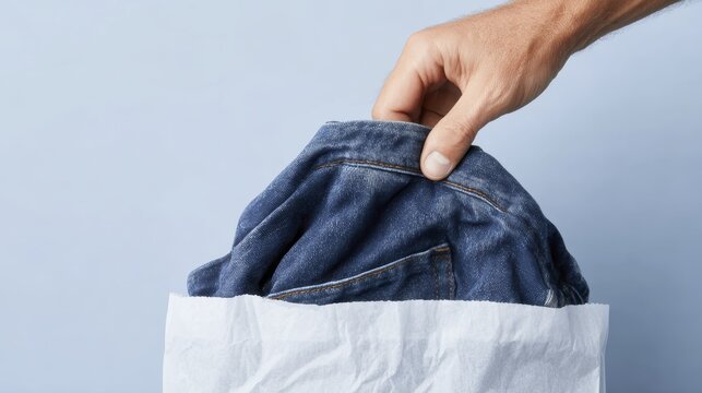Hand holding denim jeans above white paper bag against light blue background