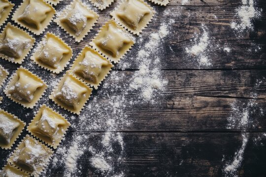 Fresh handcrafted ravioli arranged on rustic wooden surface with flour dusting