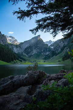 Alpsee Lake with S&auml;ntis Mountain Framed by Rocks and Trees, Switzerland