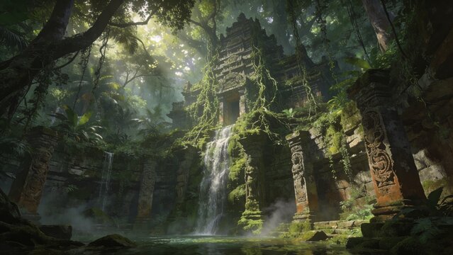 A mysterious ancient temple hidden inside a dense tropical rainforest with waterfalls