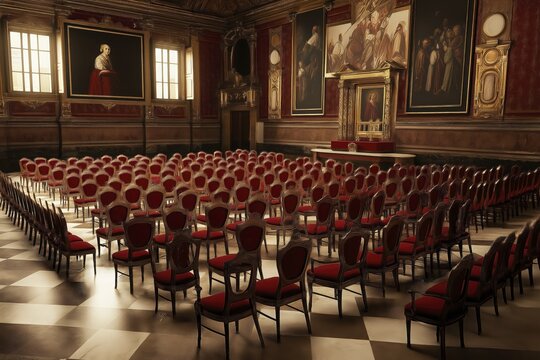 Elegant vintage interior with rows of chairs in historic hall