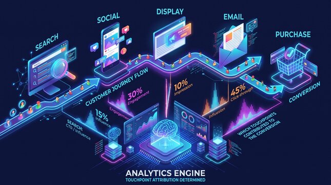 Isometric customer journey map showing marketing touchpoints and data analytics engine flow &mdash; Digital Advertising