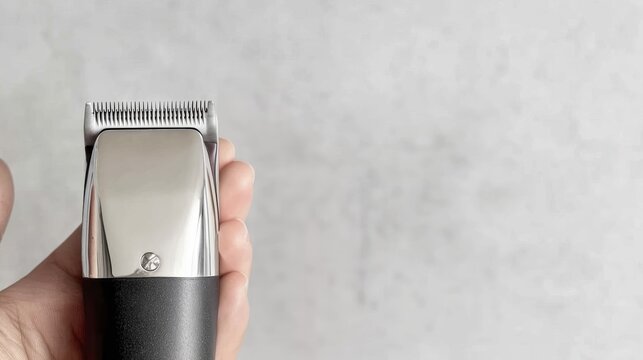 Modern electric hair clipper in hand against a minimalist background