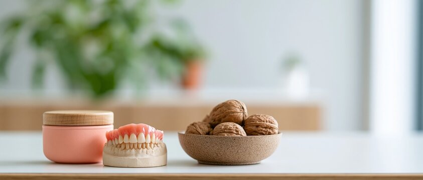 Dental model with walnuts and container