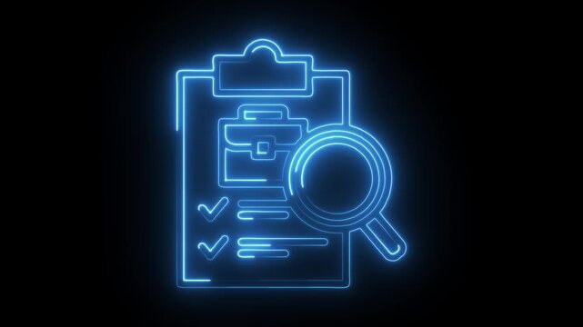 Glowing neon clipboard with briefcase and magnifying glass for audit and inspection