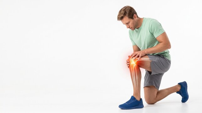 Man Holding Knee Joint Suffering from Acute Osteoarthritis and Patellofemoral Pain Syndrome on White Background with large copy space