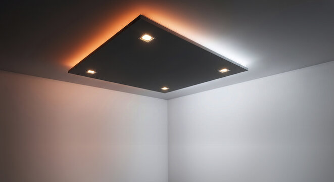 Modern minimalist black floating drop ceiling with warm and cool dual LED lighting