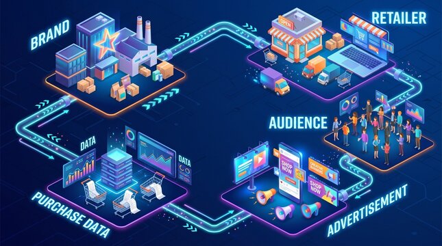 Isometric diagram illustrating the supply chain and data flow between business sectors &mdash; Digital Advertising