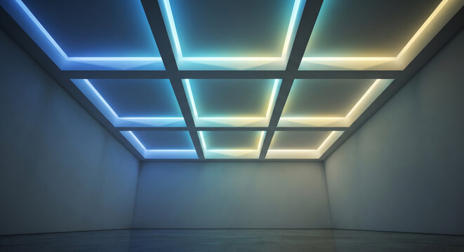 Contemporary industrial coffered ceiling grid with blue and yellow dual neon light