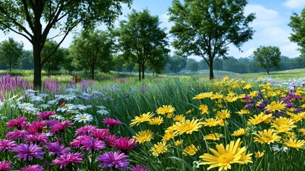 Fototapeta premium A vibrant meadow bursts with colorful flowers under a bright sky, surrounded by lush green trees