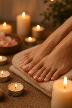 Relaxing spa setting with candles and well-groomed feet on towel