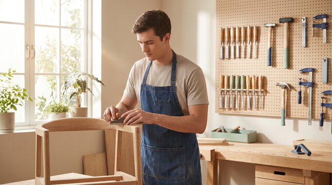 Young man repairing a wooden chair with precision and care