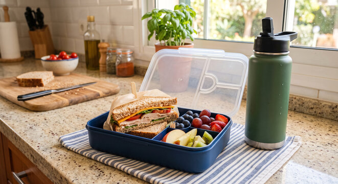 Healthy lunchbox with sandwich, fruits, and water bottle on kitchen counter