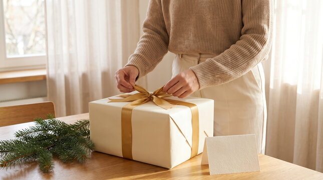 Woman wrapping a Christmas gift for her mother with festive decorations
