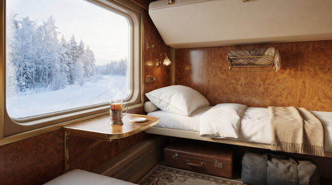 Cozy train cabin interior with snowy landscape visible through window