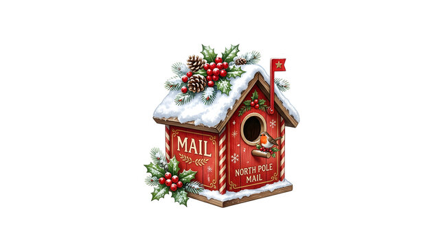 Red wooden mailbox decorated with holly and snow for Christmas isolated