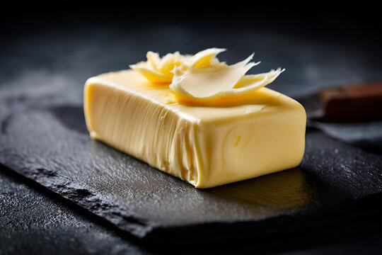 Block of butter with decorative curls on a dark slate surface