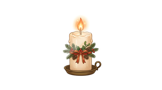 Lit Christmas candle with holly and red ribbon on a brass candle holder