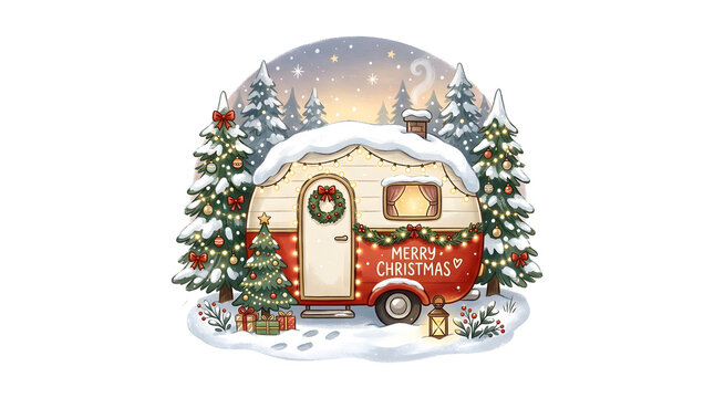 Vintage camper trailer decorated for Christmas in a snowy winter forest