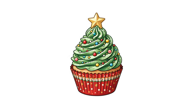 Christmas tree cupcake with green frosting and gold star topper isolated