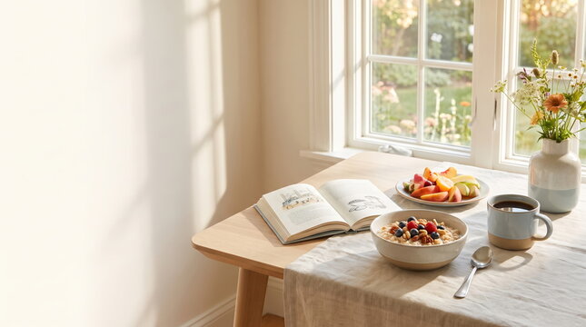 Bright and inviting breakfast table set for one with healthy food options