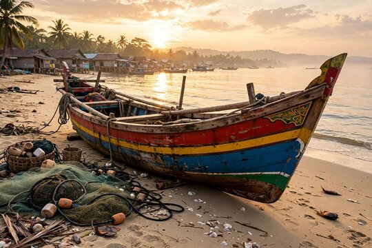 Colorful Traditional Aceh Fishing Boat Perahu Nelayan on Sandy Beach at Sunrise with Fishing Nets