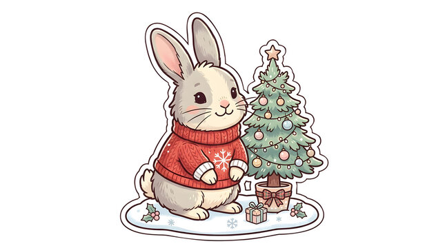 Cute cartoon rabbit wearing a red sweater standing by a small Christmas tree