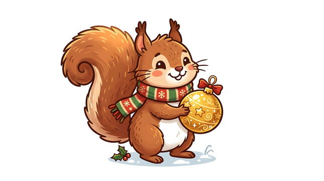Cartoon squirrel holding acorn snack while wearing festive scarf in winter forest setting