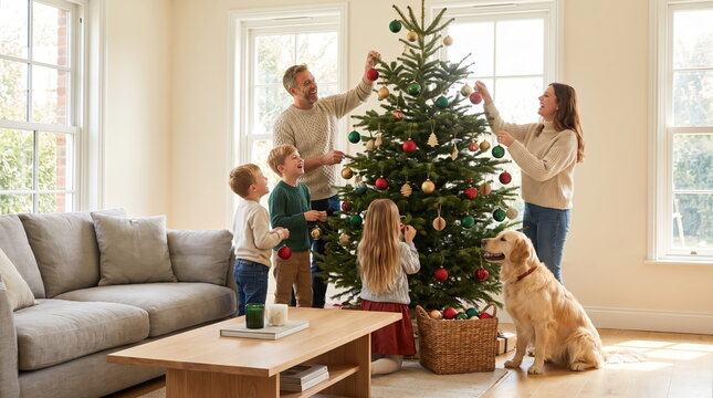 Family Decorating a Christmas Tree Together in a Cozy Living Room