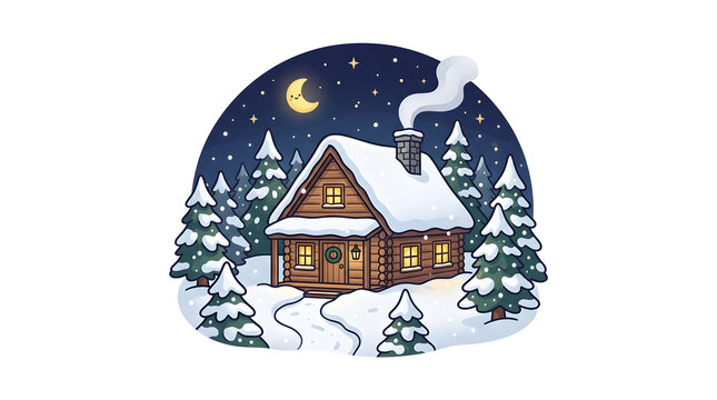 Cozy log cabin in a snowy winter forest at night with a crescent moon
