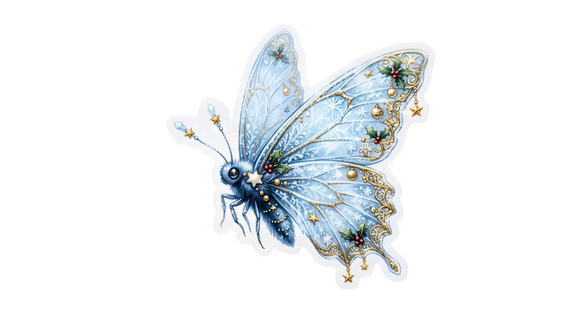 Blue butterfly with gold glitter accents isolated on a white background