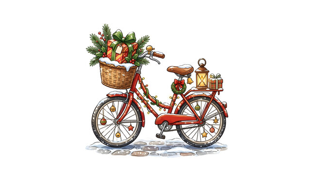 Red vintage bicycle decorated for Christmas with gifts in a wicker basket