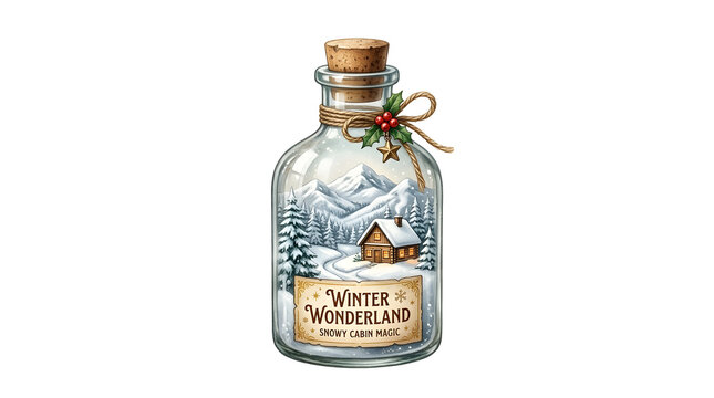 Glass bottle containing a miniature winter wonderland scene with a cabin