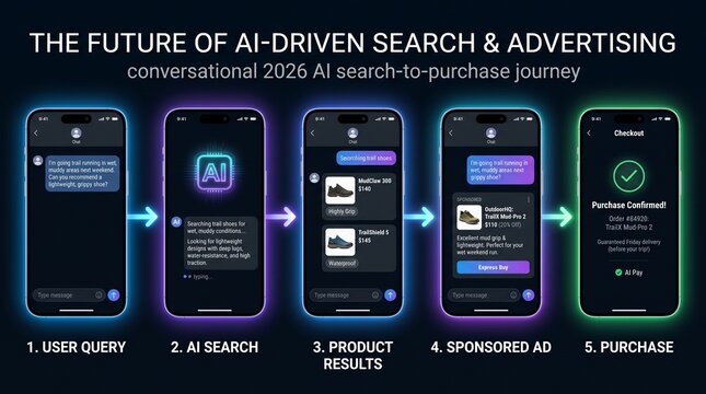 Smartphone displays showing a five step conversational artificial intelligence search &mdash; Digital Advertising