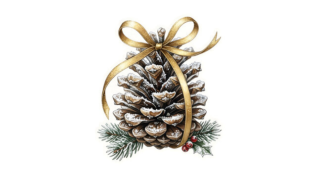 Snowy pine cone decorated with a golden ribbon bow isolated on white