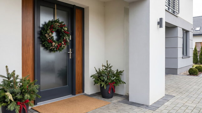 Elegant Christmas wreath adorning a front door for festive decoration