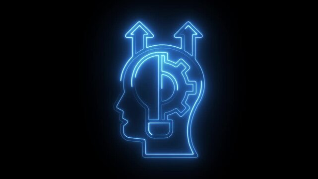 Glowing neon brain with cogwheel and lightbulb for ideas and innovation concept