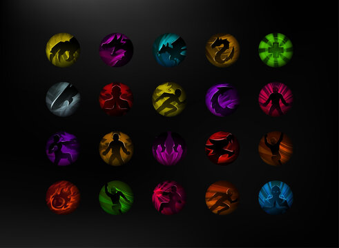 Vibrant fantasy game icon collection featuring colorful elemental symbols, magical abilities, warrior silhouettes, and circular RPG skill icons on a dark background.