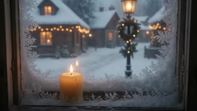 Holiday - Cozy winter scene through a frosted window with a lit candle on the sill overlooking a snowy village street with glowing streetlights and decorated houses