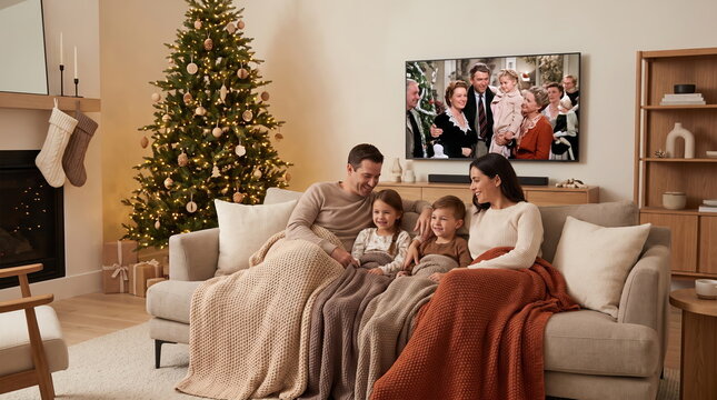 Family enjoying a cozy movie night together during the Christmas season