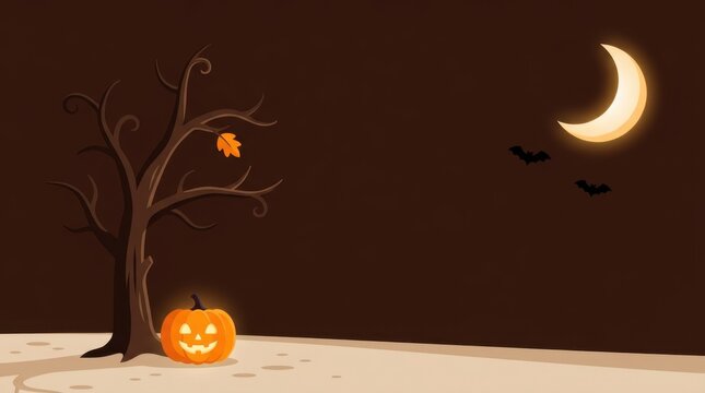 Halloween jack o lantern pumpkin under a bare tree with a crescent moon background