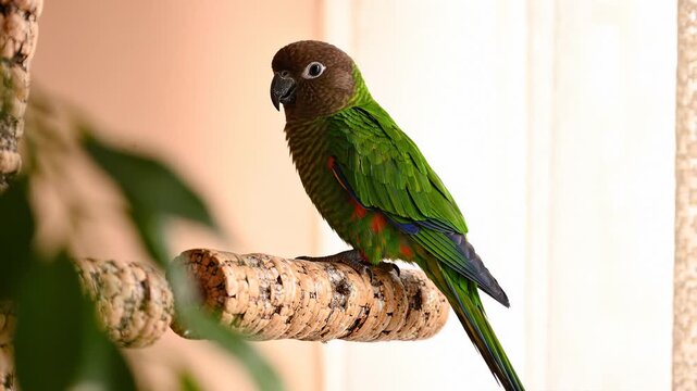 Maroon Bellied Conure Parrot Perched on Wooden Branch Indoor Close Up