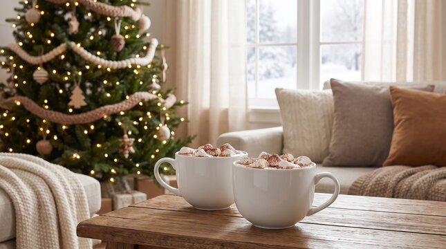 Delicious hot chocolate with marshmallows served in two festive cups