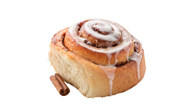 Fresh baked sweet cinnamon roll pastry bun dessert isolated on transparent background.