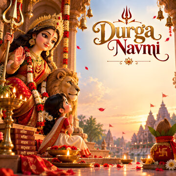 Goddess durga sitting on lion with devotee for durga navmi festival