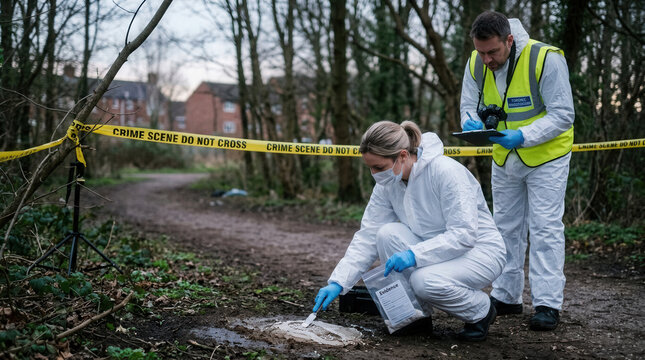 Forensic Investigators Examine Outdoor Crime Scene Evidence Carefully