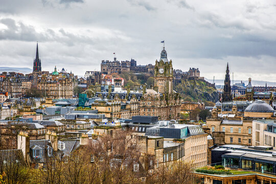 Edinburgh skyline with Balmoral Hotel and Edinburgh Castle Scotland