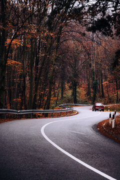 Red car driving on winding autumn forest road